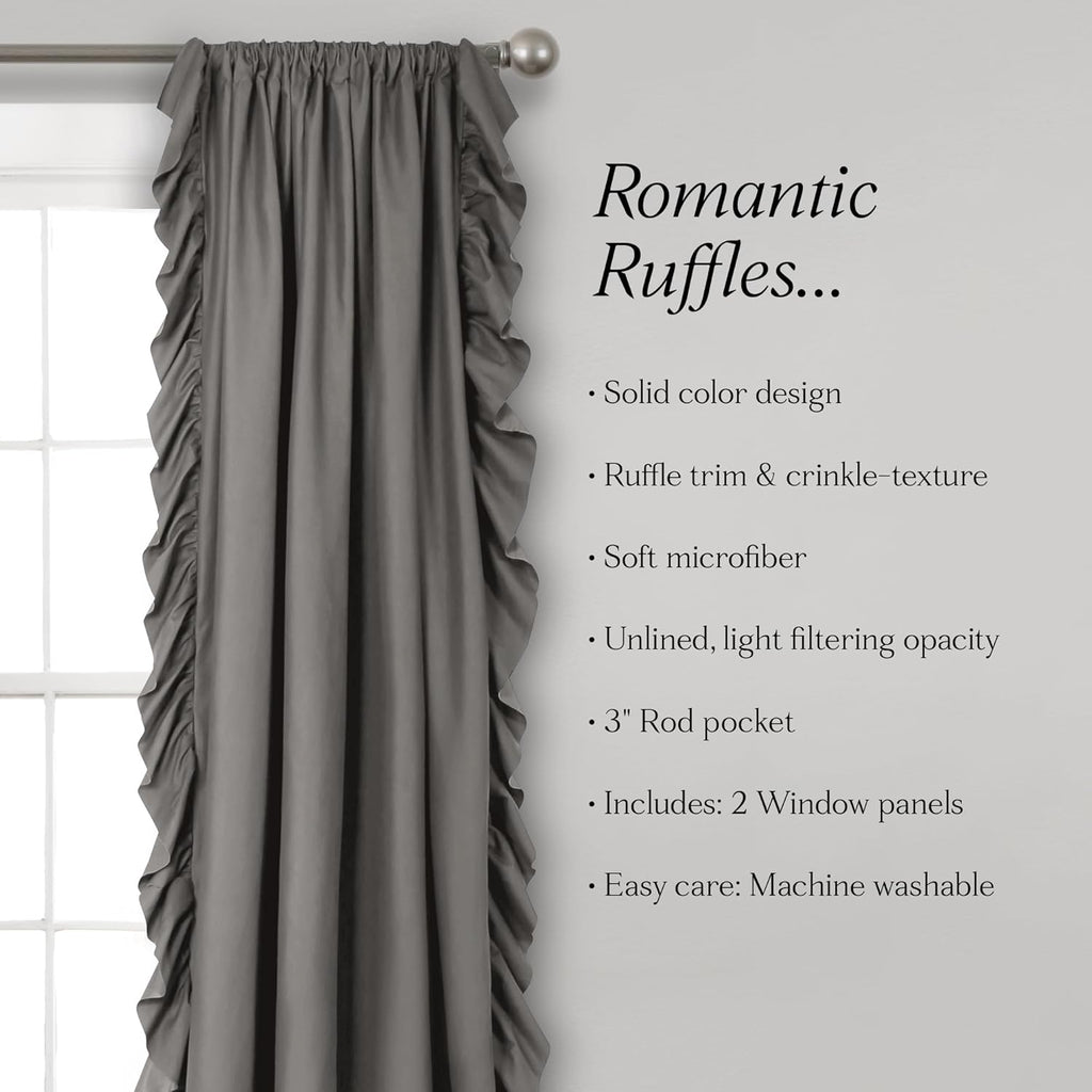 Lush Decor Reyna Ruffle Window Curtain Panel Set Pair 54in W X 84in L Gray Flowy Curtain Set