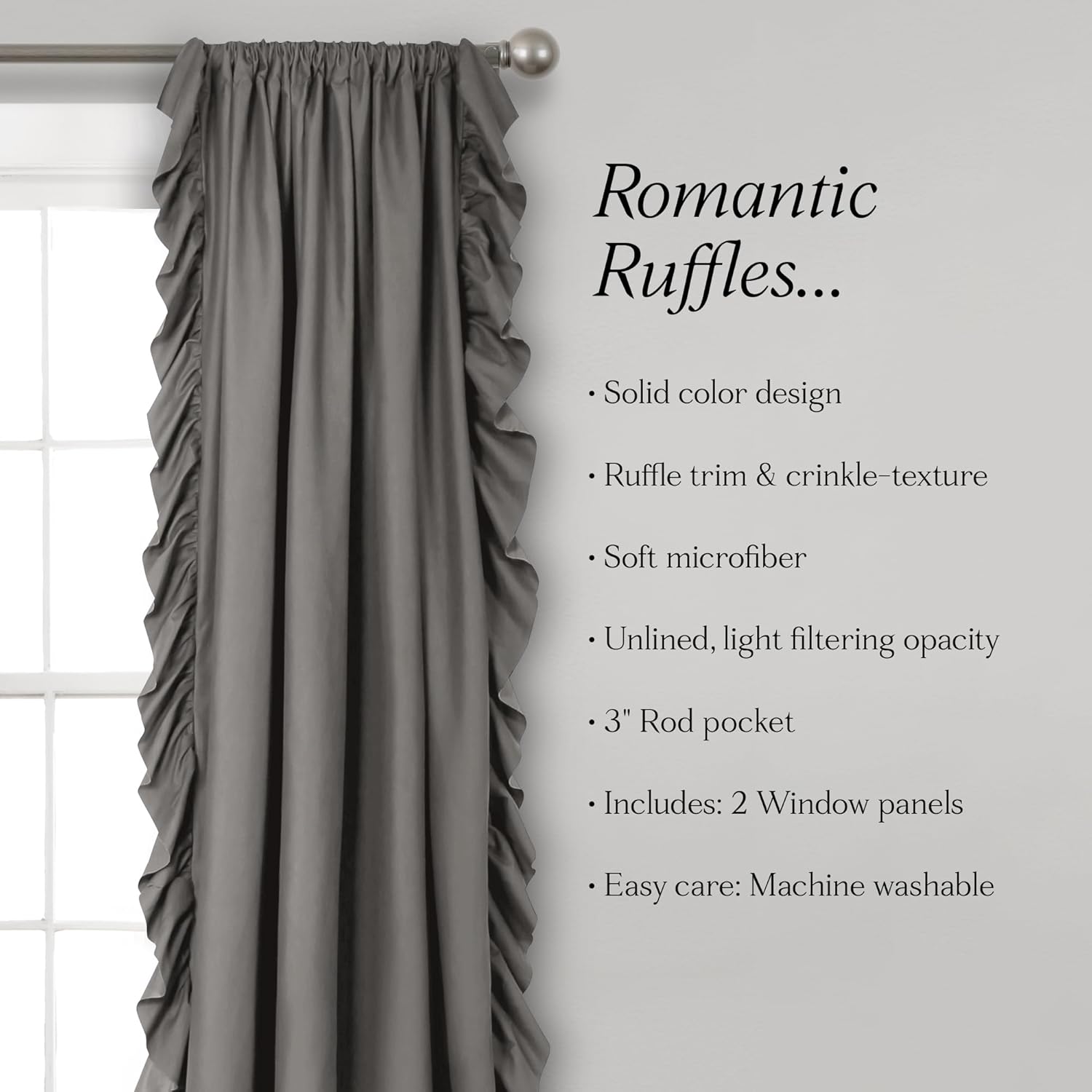 Lush Decor Reyna Ruffle Window Curtain Panel Set Pair 54in W X 84in L Gray Flowy Curtain Set Secondary image