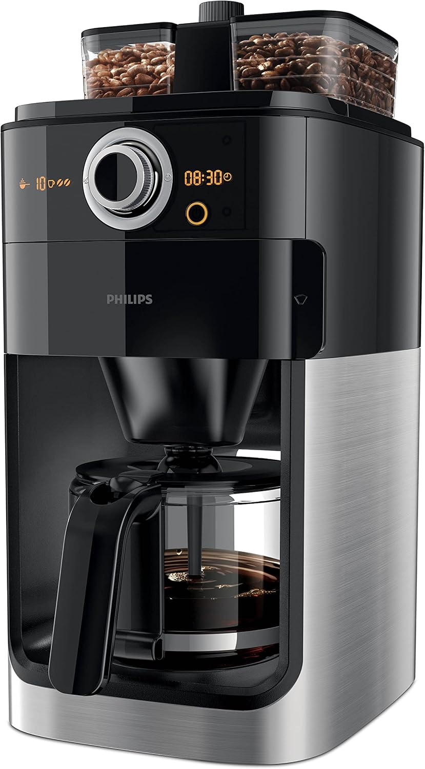 Philips HD7762/00 Coffee Maker with Glass Jug Grind and Brew System, 1.2 Litre, 1000 Watt, Black Metal