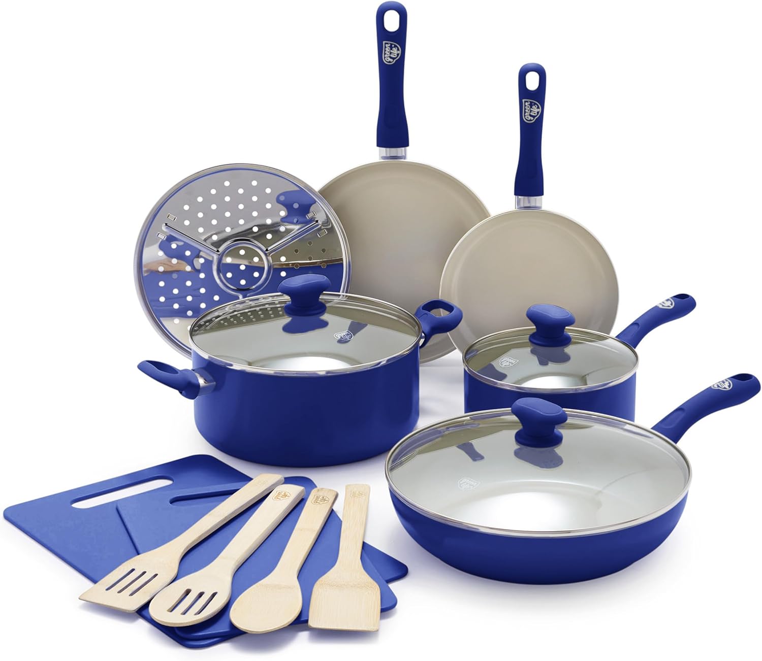 GreenLife Sandstone Healthy Ceramic Nonstick, 15 Piece Kitchen Cookware Pots and Frying Sauce Pans Set, PFAS- Free, Dishwasher Safe, Blue Main image