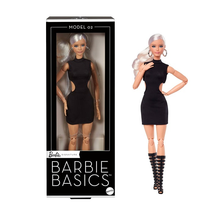 Barbie Basics Model 02 Collector Doll with Blonde Hair, Black Mini Dress & Gladiator Boots, Universal-fit Fashions, Posable Body & Swappable Doll Head