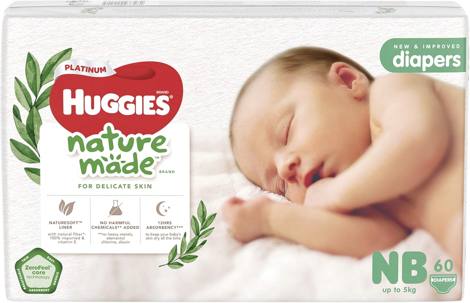 Huggies Platinum Naturemade Tape Diapers, NB, 60ct (Pack of 3) Main image