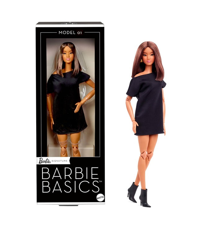 Barbie Basics Model 01 Collector Doll with Brunette Hair, Black Mini Dress & Shoes, Universal-fit Fashions, Posable Body & Swappable Doll Head