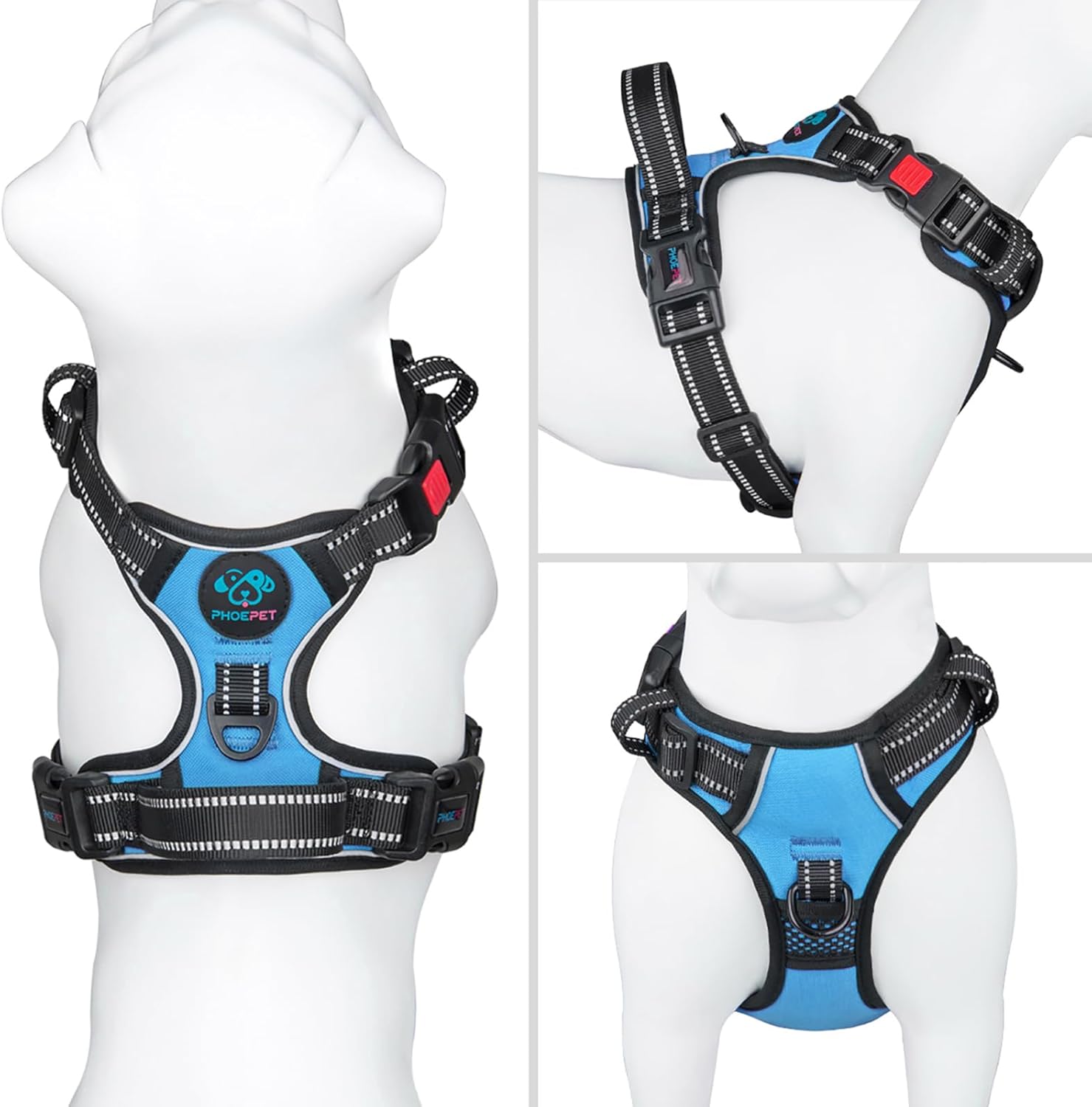 PHOEPET No Pull Dog Harnesses For Small Dogs Reflective Adjustable Front Clip Vest With Handle 2 Metal Rings 3 Buckles M Blue Secondary image