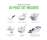 GreenLife Soft Grip Healthy Ceramic Nonstick 16Pc Kitchen Cookware Pots and Frying Sauce Saute Pans Set, Lavender