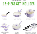 GreenLife Soft Grip Healthy Ceramic Nonstick 16 Piece Kitchen Cookware Pots and Frying Sauce Saute Pans Set, PFAS-Free with Kitchen Utensils and Lid, Dishwasher Safe, Lavender