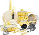 GreenLife Soft Grip 16 Piece Cookware Set, Non-Toxic PFAS-Free Ceramic Nonstick, Frying, Sauce, Saute, Utensils, Glass Lids, Stay-Cool Handles, Wobble Free, Dishwasher & Oven Safe, Yellow