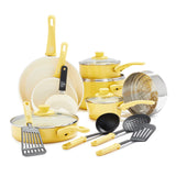 GreenLife Soft Grip 16 Piece Cookware Set, Non-Toxic PFAS-Free Ceramic Nonstick, Frying, Sauce, Saute, Utensils, Glass Lids, Stay-Cool Handles, Wobble Free, Dishwasher & Oven Safe, Yellow