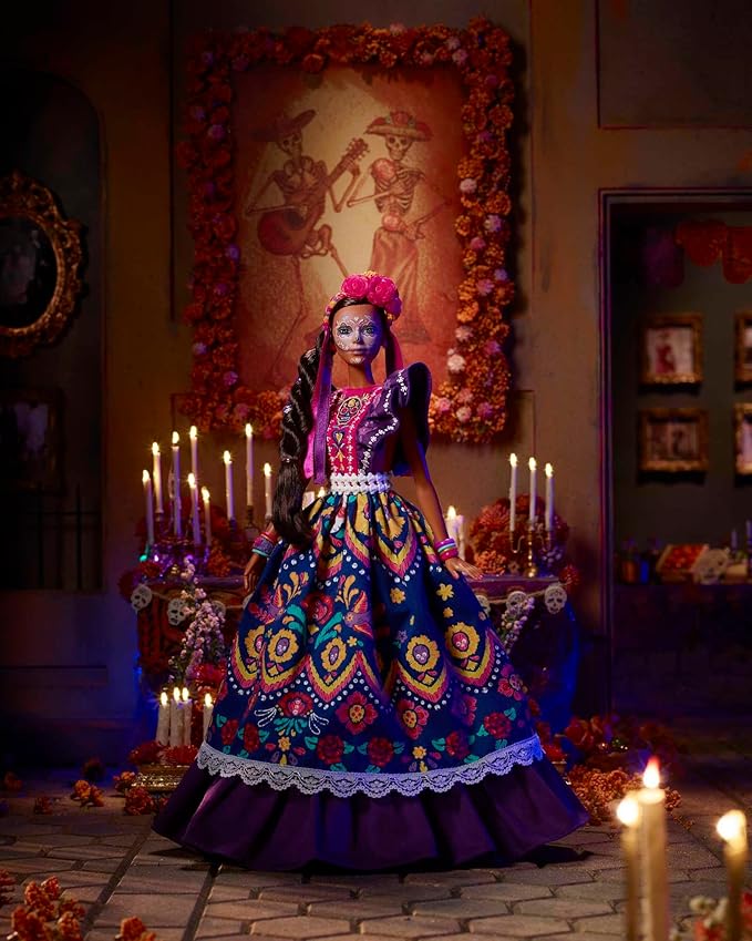 Barbie Signature Día De Muertos Doll Wearing Traditional Ruffled Dress Flower Crown And Calavera Face Paint Secondary image