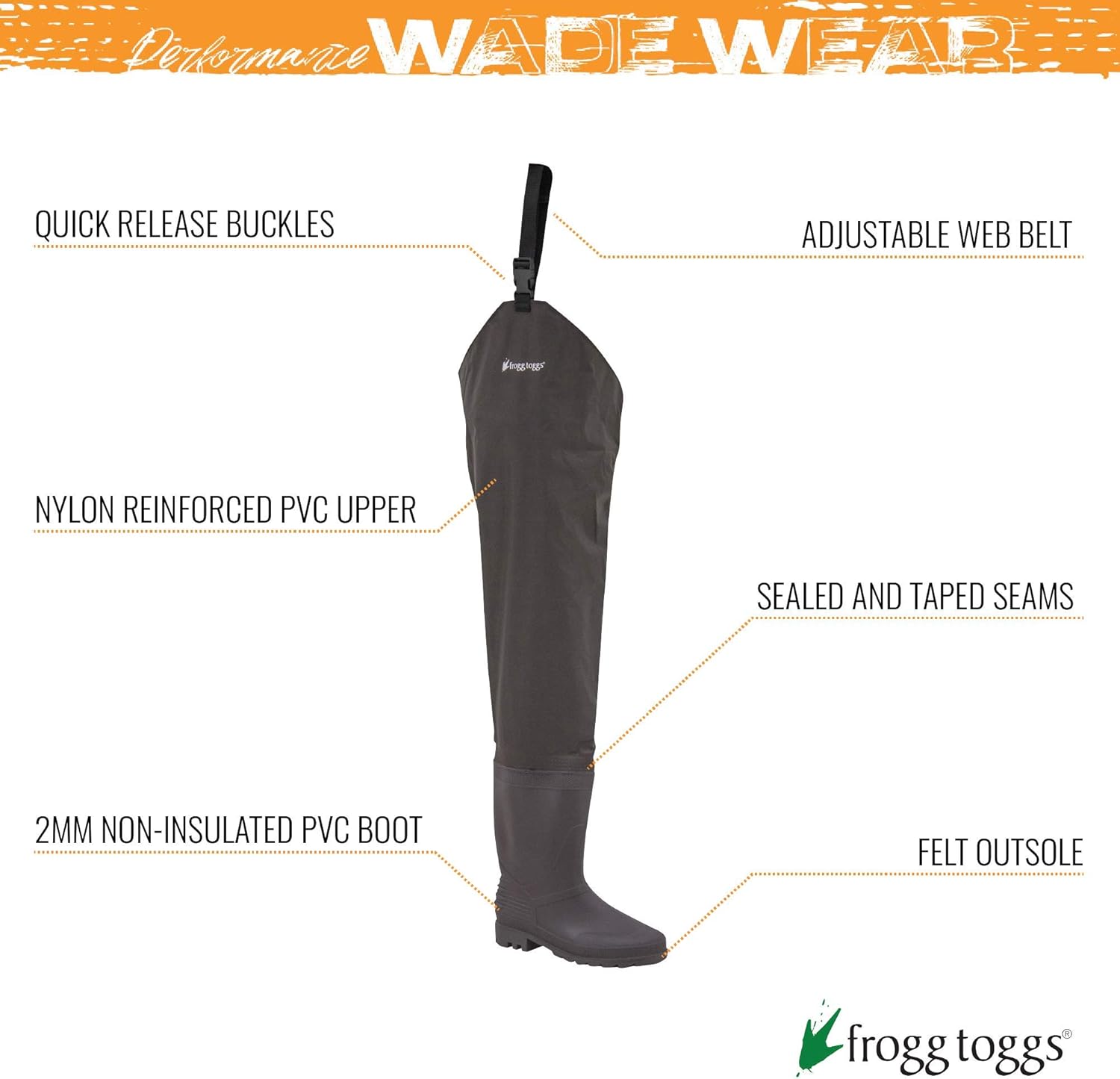 FROGG TOGGS Rana II PVC Bootfoot Hip Waders Felt Outsole Size 11