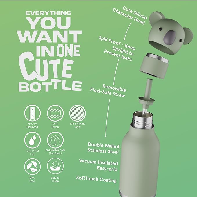Asobu Bestie Koala Insulated Stainless Steel Water Bottle with Straw, 460ml