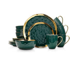 Stone Lain Porcelain 16 Piece Dinnerware Set, Service for 4, Green and Golden Rim