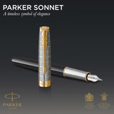 Parker Sonnet Fountain Pen, Premium Metal and Black Gloss Finish with Gold Trim, Fine 18k Gold Nib with Black Ink Cartridge