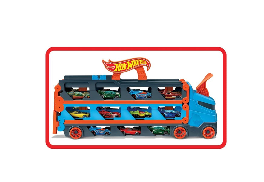 Hot Wheels Speedway Hauler Storage Carrier with 3 1:64 Scale Cars & Convertible 6-Foot Drag Race Track for Kids 4 to 8 Years Old, Stores 20+ Cars &...