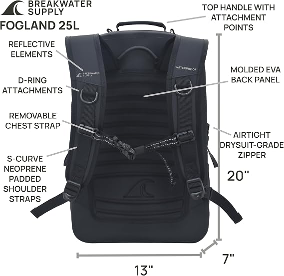 Breakwater Supply™ Fogland Waterproof IP68 Submersible Backpack with Airtight Zippers, Laptop Travel Outdoors 25L