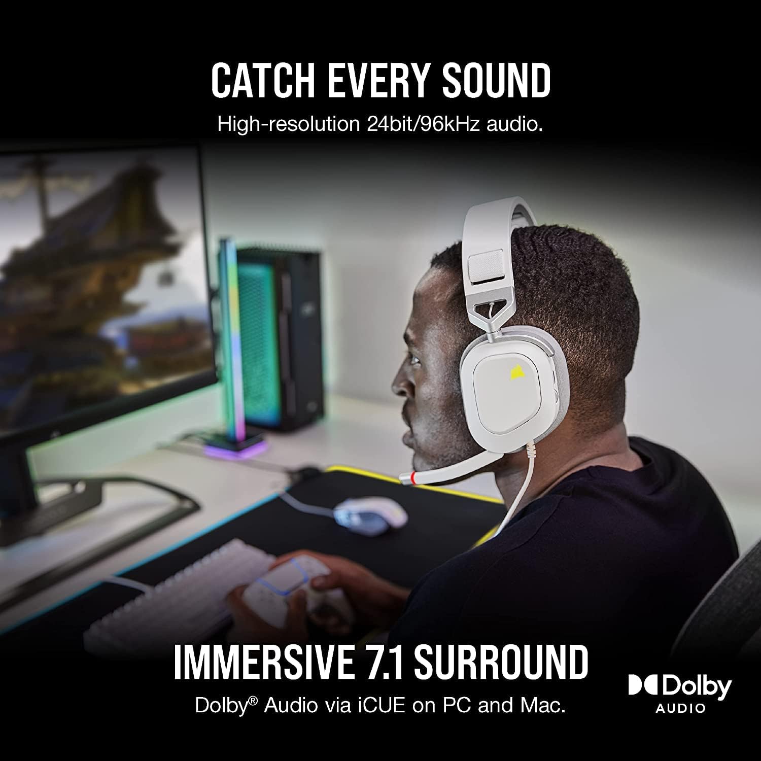 Corsair HS80 RGB USB Premium Gaming Headset with 7.1 Surround Sound, White, Large