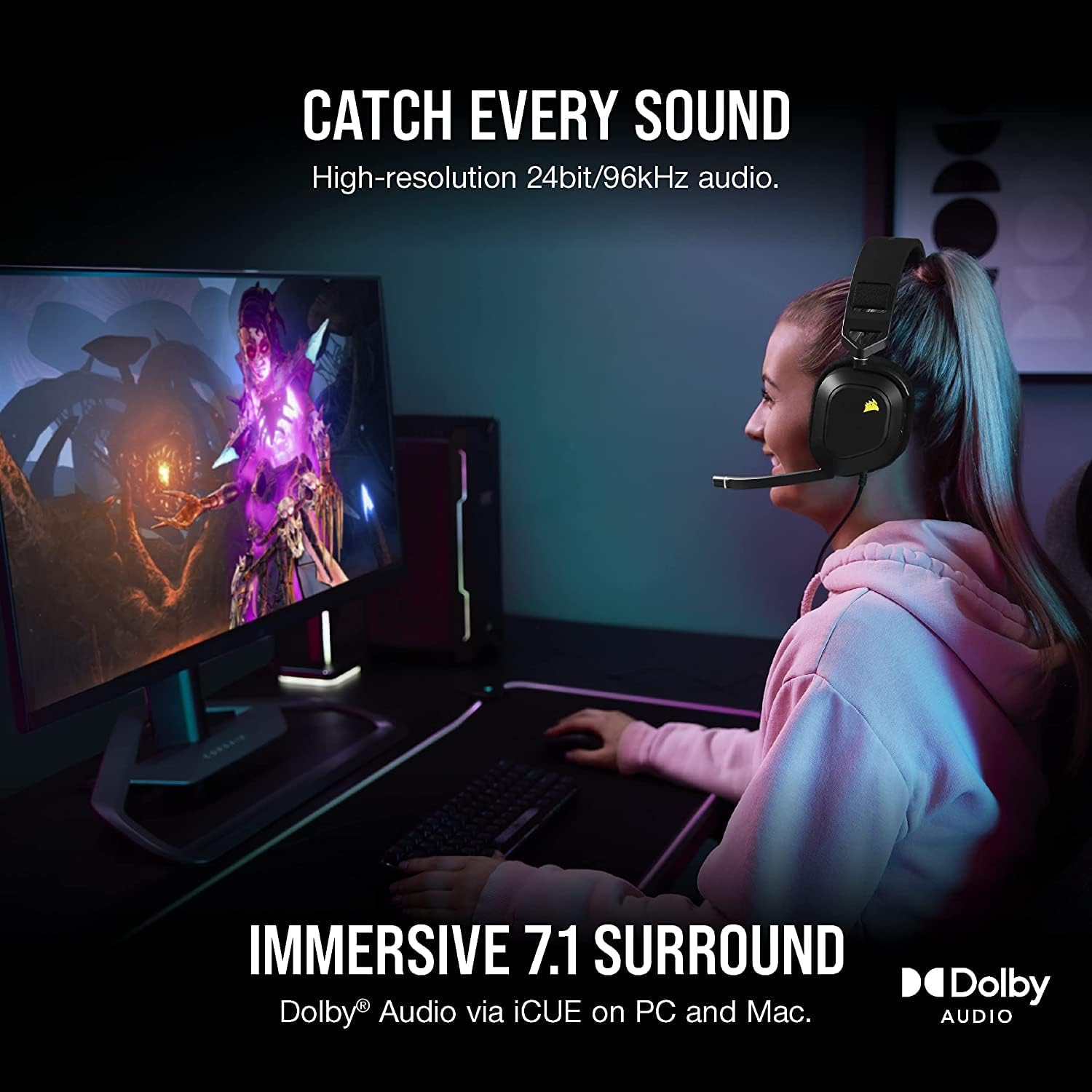 CORSAIR HS80 RGB USB Premium Gaming Headset with 7.1 Surround Sound, Carbon, Large Black