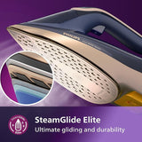 Philips 8000 Series DST8050/26 - Steam Iron, 3000W, 260g/min Boost Shot, 85g/min Continuous Output, SteamGlide Elite Rosecopper Soleplate, Dark Blue and Gold
