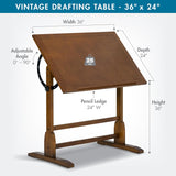 SD Studio Designs Vintage Rustic Oak Top Adjustable Drafting Craft Drawing Hobby Table Writing Studio Desk 36INWx24IND