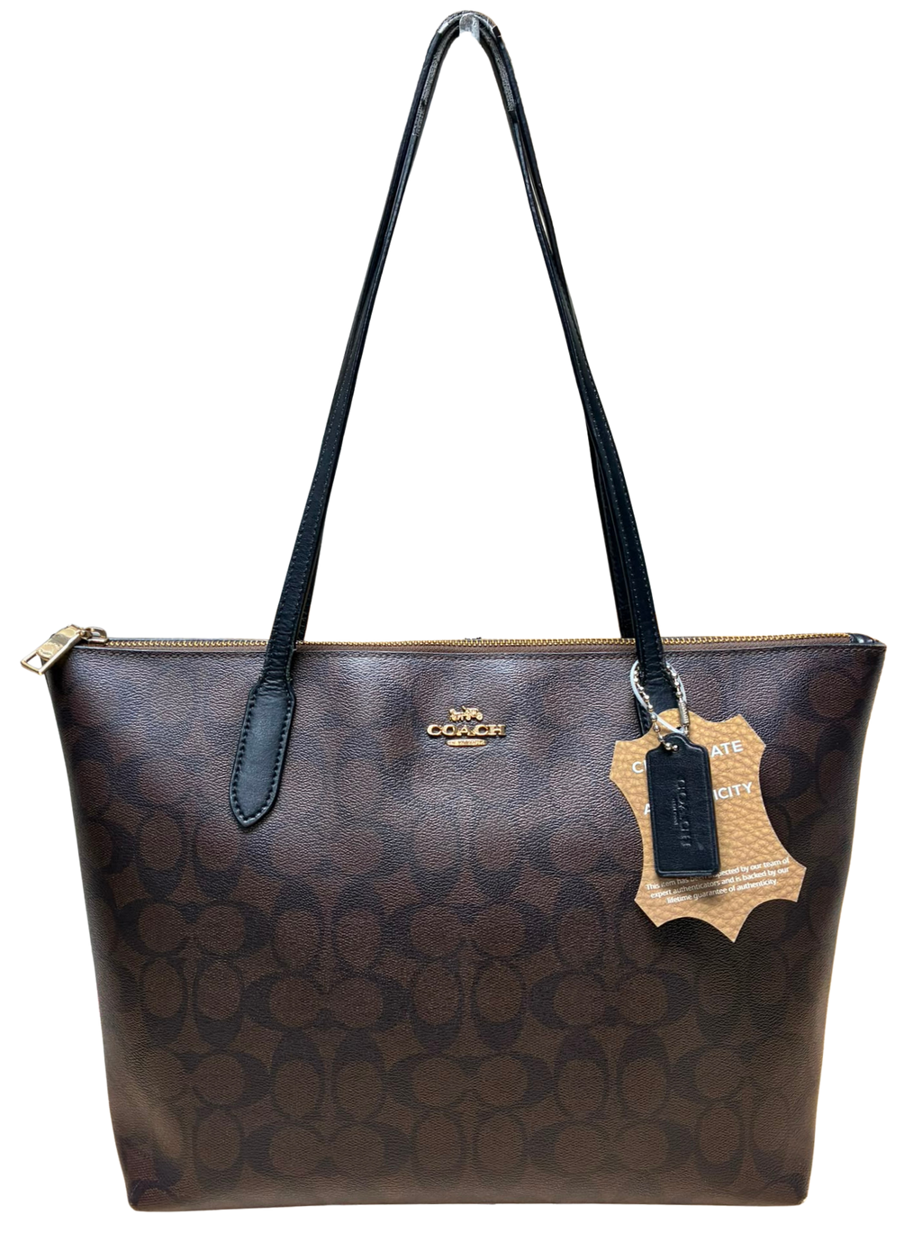 Coach 4455 Signature Zip Tote Dark Brown Canvas