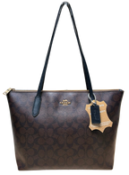 Coach 4455 Signature Zip Tote Dark Brown Canvas