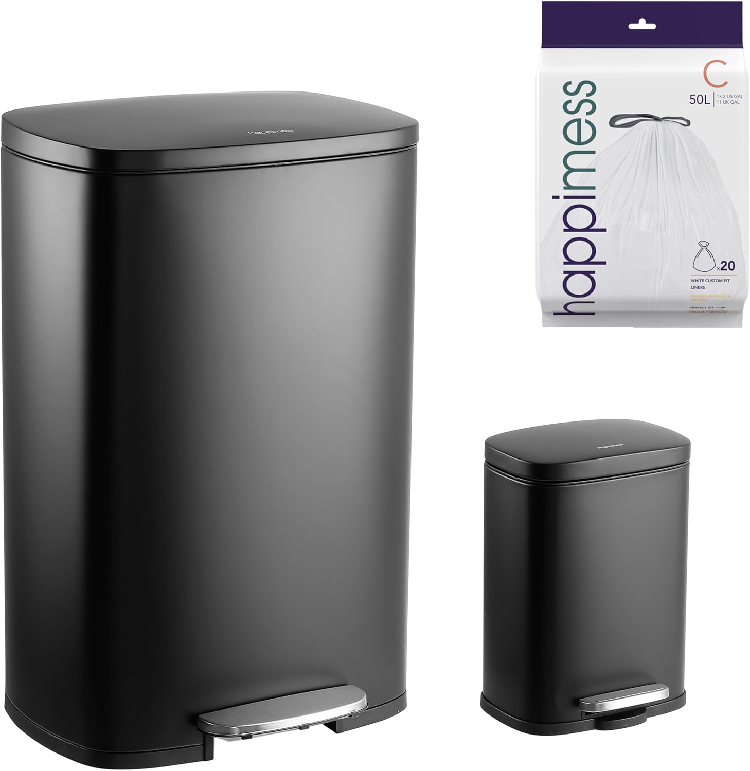 happimess HPM1006B Connor Rectangular 13-Gallon Garbage Can with Soft-Close Lid and Free Mini Garbage Can, Black Main image