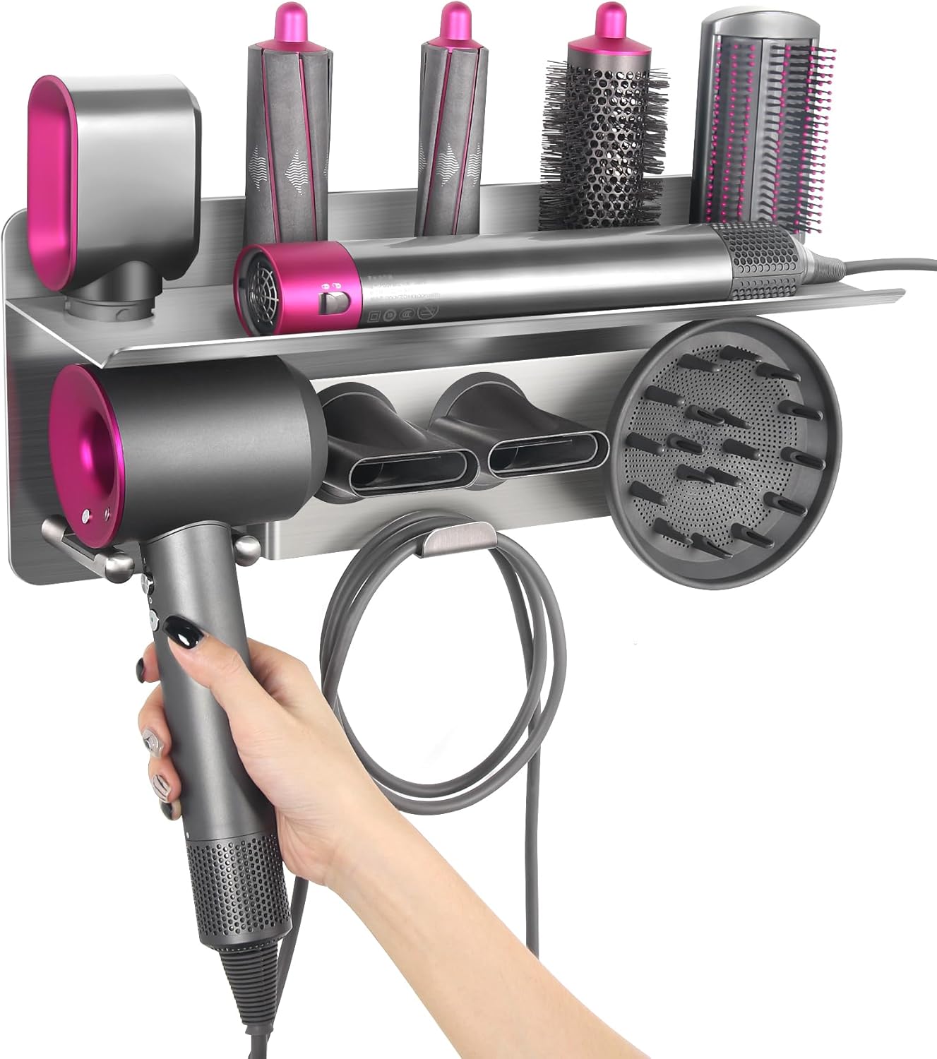 Hair Dryer Holder For Dyson Supersonic Hair Dryer For Dyson Airwrap Styler Organizer Storage Shelf 2in1 Wall Mounted Stand Fits Curler Diffuser Two Nozzles For Bathroom Bedroom Hair Salon Barbershop Main image