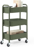 SunnyPoint 3 Tier Delicate Compact Rolling Metal Storage Organizer Army Compact 15.5in X 26.8in X 10.27in