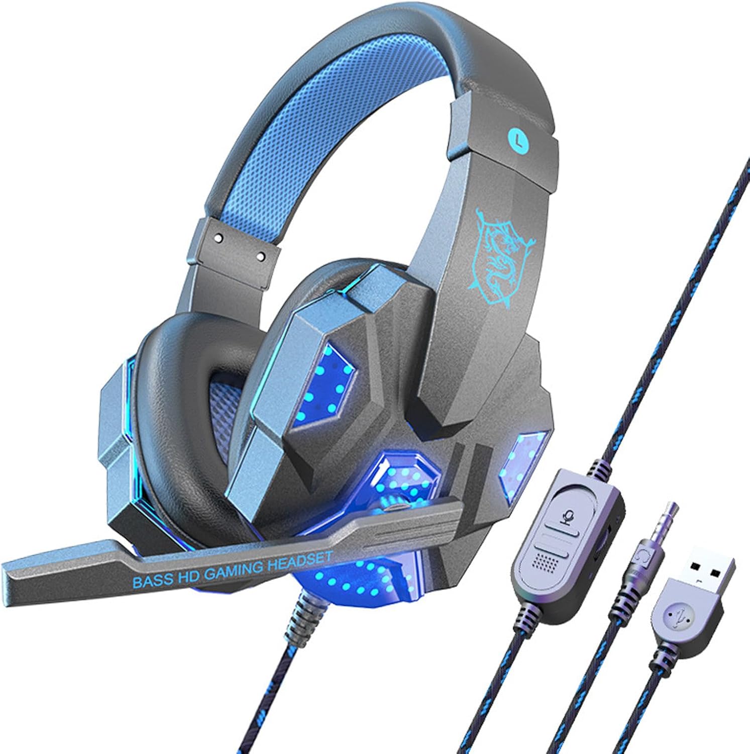 KUFUNG 3.5mm Gaming Headset ENC Noise Cancelling Mic LED Headphones Stereo Bass Surround For PC PS4 Xbox One BlackBlue
