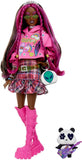 Barbie Doll with Pet Panda, Barbie Extra, Kids Toys, Clothes and Accessories, Pink-Streaked Brunette Hair, Graphic Hoodie and Plaid Skirt