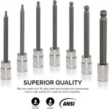 NEIKO 10243A Extra Long Ball End Hex Bit | 7pc Allen Socket Set | 3mm to 10mm | S2 and Cr-V Steel | Metric | 4-1/4” Length