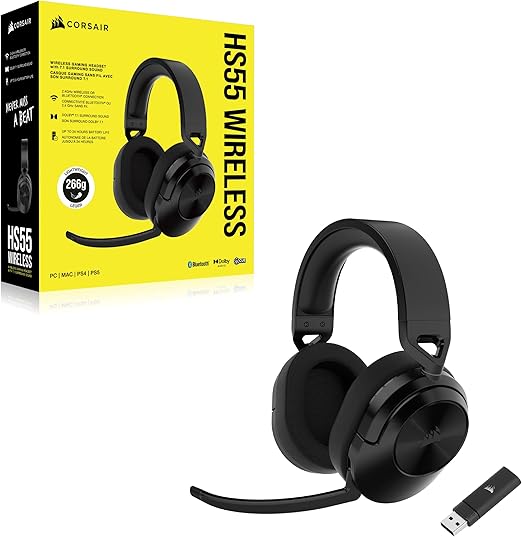 CORSAIR HS55 Wireless Gaming Headset - Low-Latency 2.4GHz Wireless or Bluetooth, Dolby Audio 7.1 Surround Sound, Lightweight, Omni-Directional Microphone, On-Ear Audio Controls - Carbon