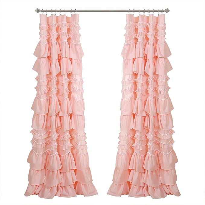 Lush Decor Kemmy Curtain | Ruffled, Textured Shabby Chic Style Window Panel for Living, Dining Room, Bedroom (Single), 84” x 52”, Peachy Pink