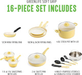 GreenLife Soft Grip 16 Piece Cookware Set, Non-Toxic PFAS-Free Ceramic Nonstick, Frying, Sauce, Saute, Utensils, Glass Lids, Stay-Cool Handles, Wobble Free, Dishwasher & Oven Safe, Yellow