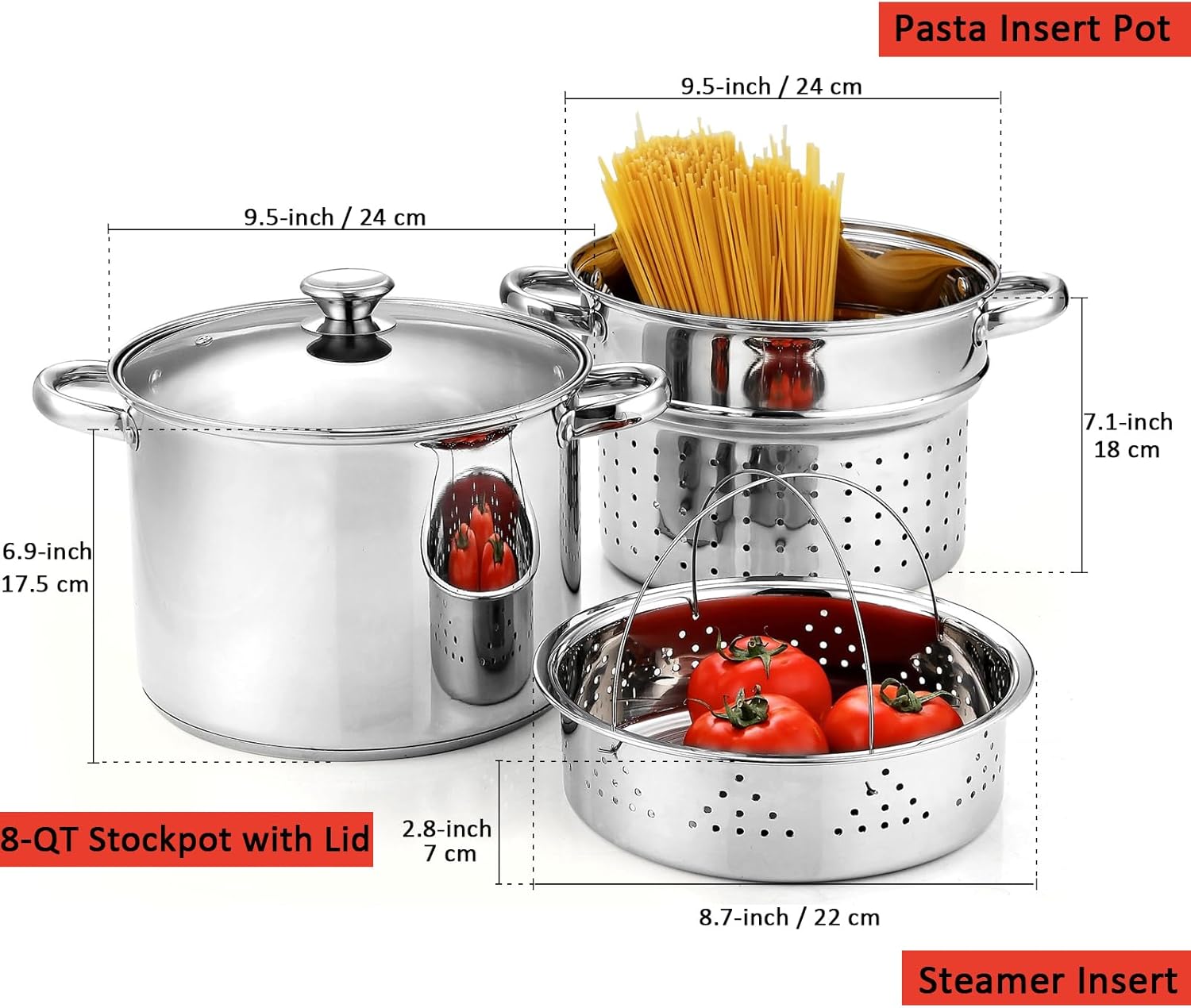 Cook N Home 4 Piece 8 Quart Multipots Stainless Steel Pasta Cooker Steamer