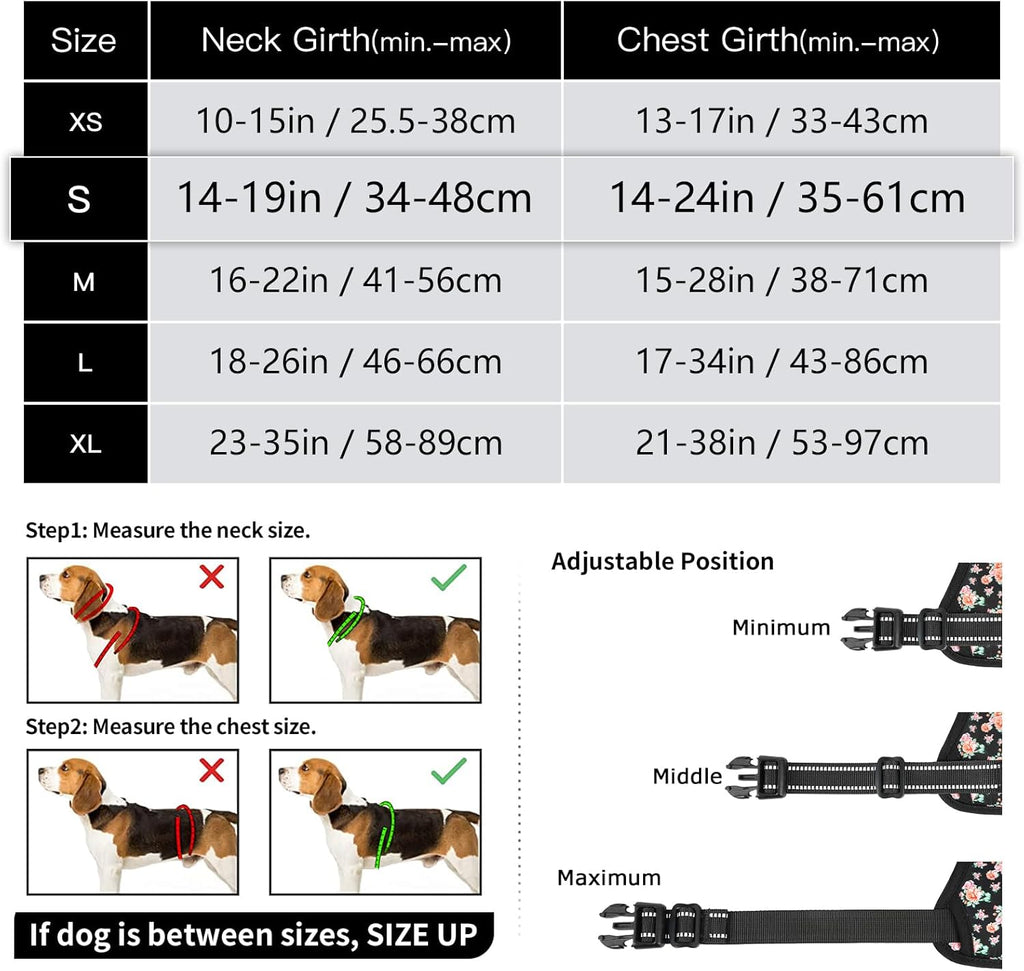 Timos Dog Harness 3 Snap Buckles NoPull Soft Padded Dog Vest With 2 Metal Leash Clips Small Dogs Black Rose S