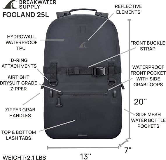 Breakwater Supply™ Fogland Waterproof IP68 Submersible Backpack with Airtight Zippers, Laptop Travel Outdoors 25L