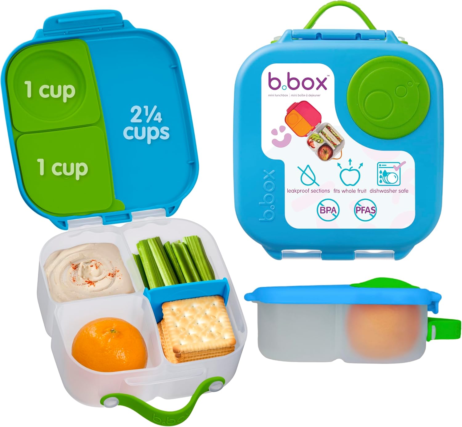 b.box Mini Lunch Box for Children with Compartments, Bento Box, 3 Compartments (2 Leak-Proof), Lunch Box for Dishes and Snacks, Space for Whole Fruit, BPA-Free