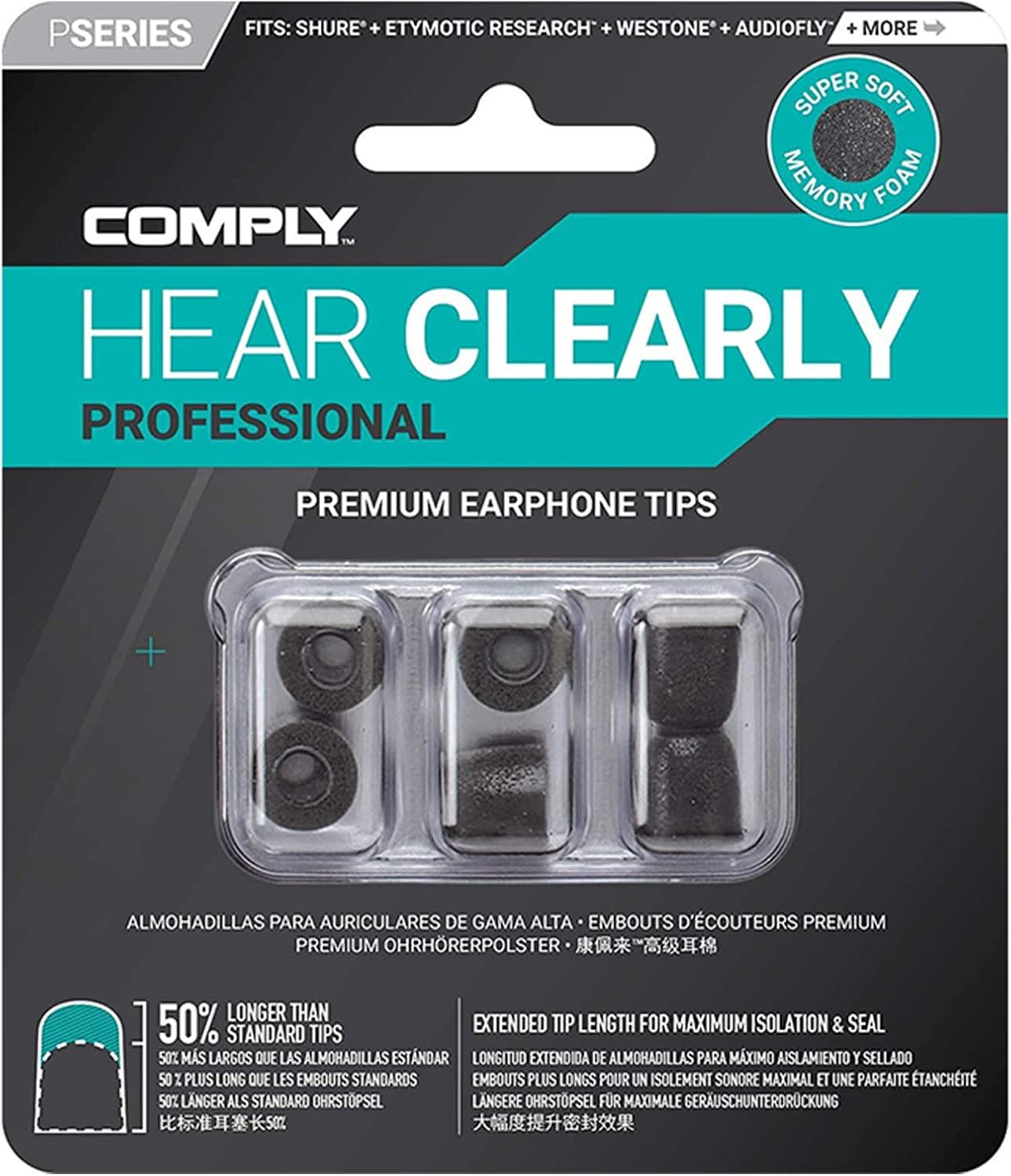 Comply Professional Noise Isolating Earphone Tips for NuForce, ISOtunes PRO, Q-Jays, Etymotic Research, Westone, Shure & More P-Series Memory Foam Replacement Earbud Tips Large 3-pairs Secondary image