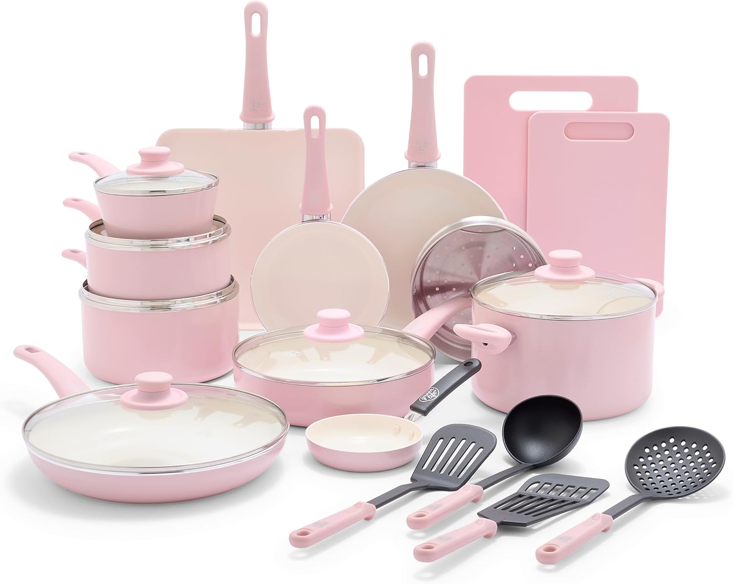 GreenLife Soft Grip 23 Piece Kitchen Cookware Pots and Frying Saucepans Set, Healthy Ceramic Nonstick PFAS and PFOA-Free, Dishwasher and Oven Safe, Even Heating, Easy Clean, Warp Control, Pink Main image