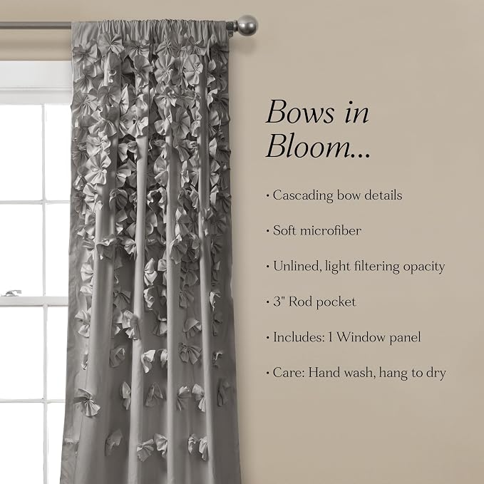 Lush Decor Riley Window Curtain Panel - Charming Handmade Bow Details - Elegant Light Filtering Single Curtain for Living Room, Dining Room, or Bedroom - 54" W x 84" L, Gray