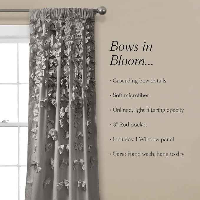 Lush Decor Riley Window Curtain Panel - Charming Handmade Bow Details - Elegant Light Filtering Single Curtain for Living Room, Dining Room, or Bedroom - 54" W x 84" L, Gray