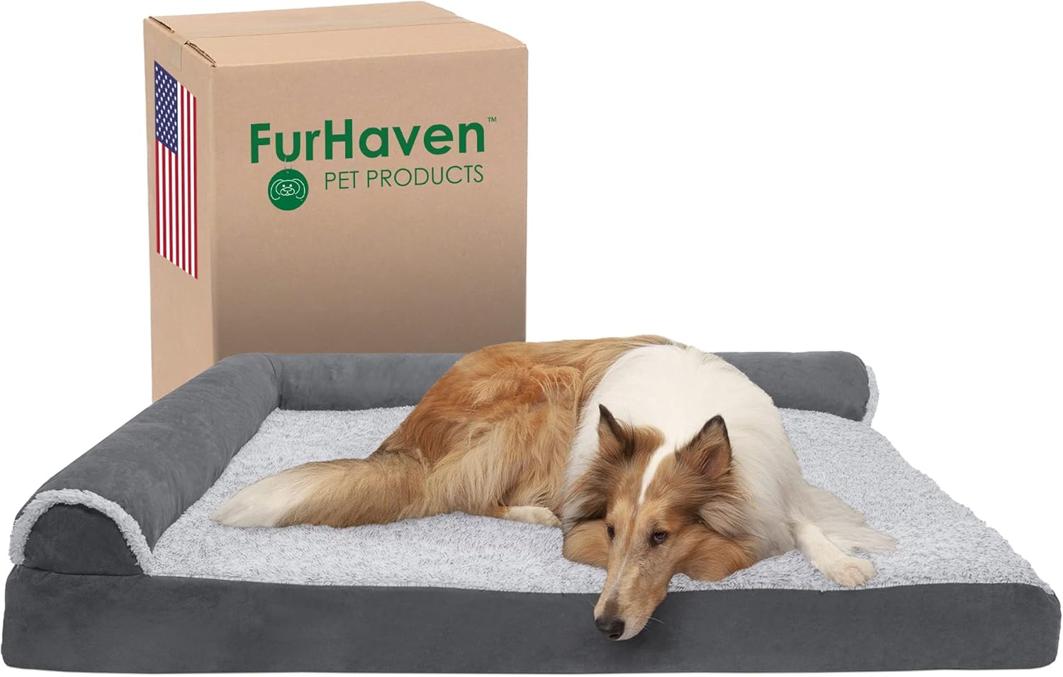 Furhaven Cooling Gel Dog Bed For Large Dogs TwoTone Plush Faux Fur And Suede L Shaped Chaise Stone Gray Jumbo Plus XXL Main image