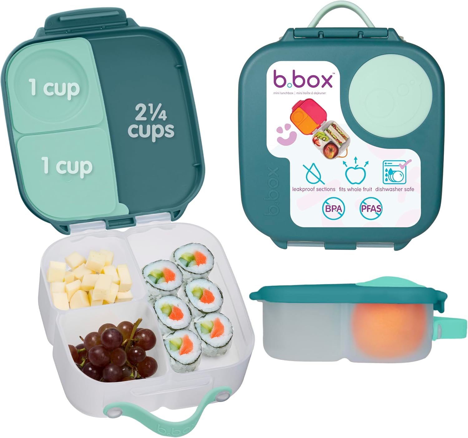 b.box Mini Lunch box for Toddlers, Kids | Bento Box, Lunch Snack Container | 2 Leak Proof Compartments | BPA Free (Emerald Forest, 1L capacity), 325.0 grams