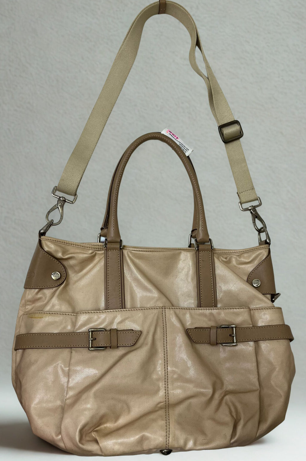 TODS Beige Coated Canvas Leather Trim Cargo Crossbody BAG