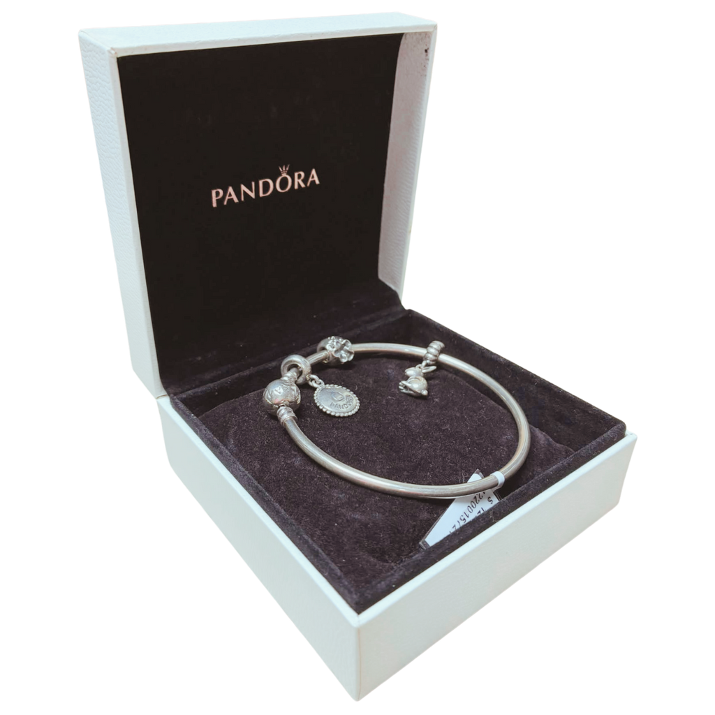 Pandora Moments Bangle Bracelet Sterling Silver With 3 Charms
