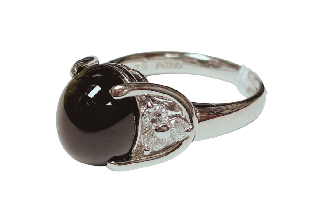 PT900 Cats Eye Green Tourmaline Cabochon And Diamond  Ring 8.7G
