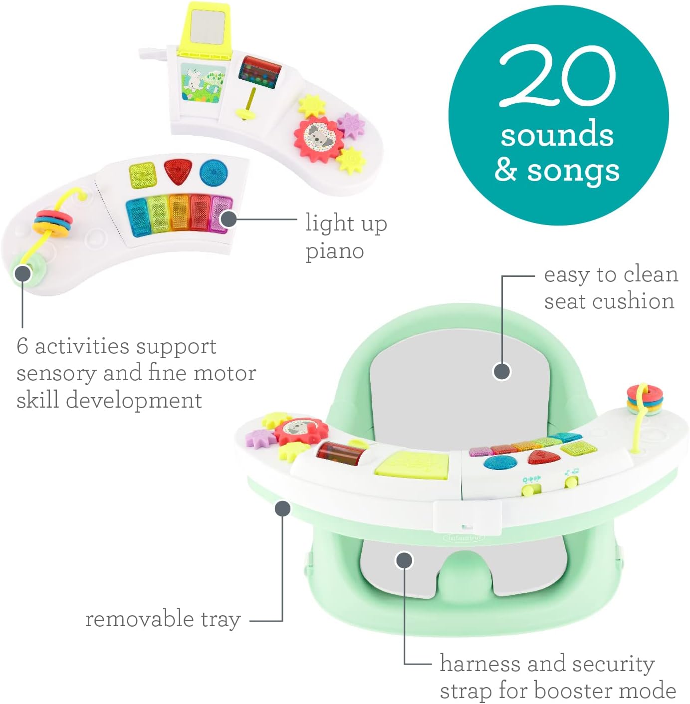 Infantino Music & Lights 3-in-1 Discovery Seat and Booster - Convertible Booster, Infant Activity Seat and Feeding Seat with Electronic Piano for Sensory Exploration, for Babies and Toddlers, Mint