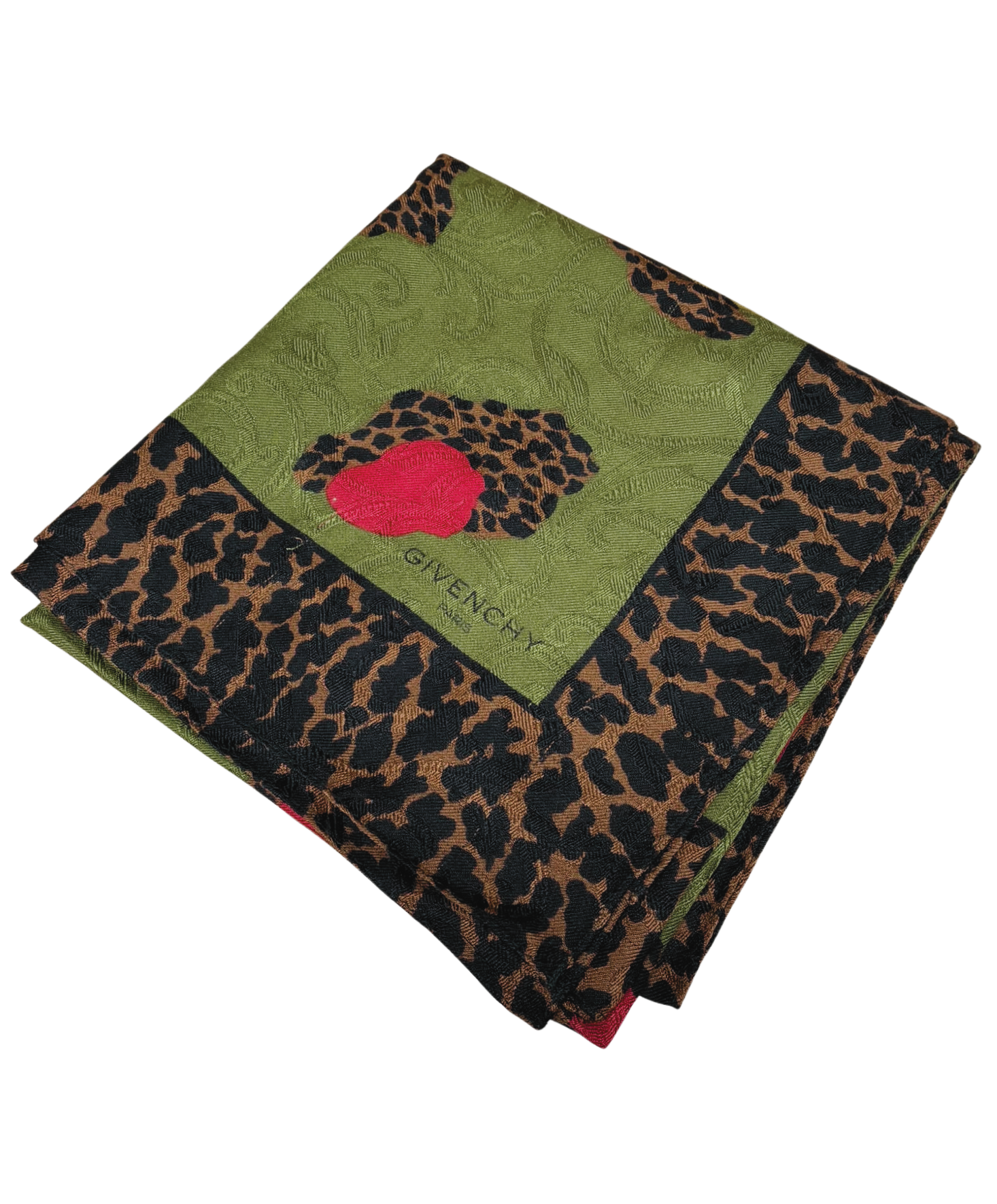 Givenchy Silk Scarf  Olive Green Leopard Print Design 102CM X 102CM Main image