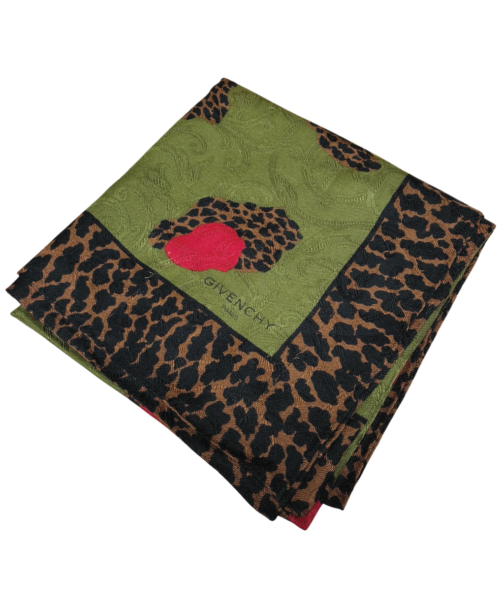 Givenchy Silk Scarf  Olive Green Leopard Print Design 102CM X 102CM